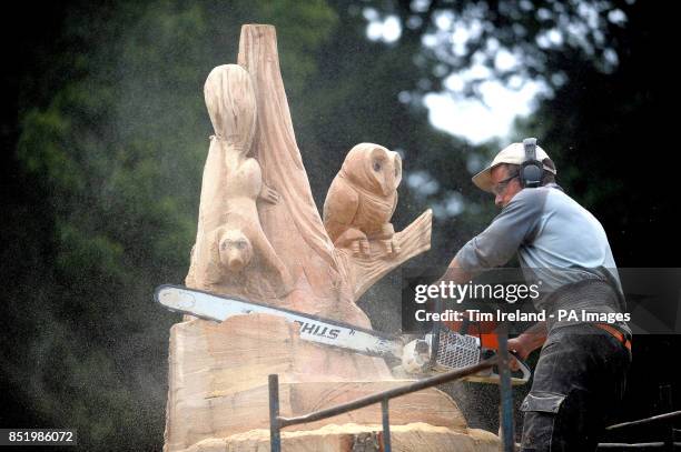 Carver Raymond Wirick works on his Little Bo Peep storytelling chair sculpture from a tree, on day two of Treefest at Westonbirty Arboretum in...