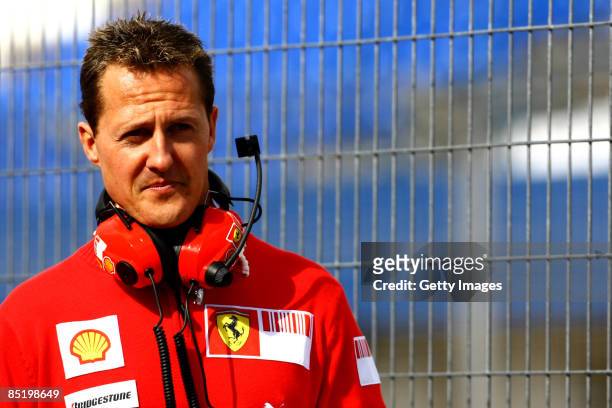 Michael Schumacher of Germany and team Ferrari visits Formula 1 testing on March 3, 2009 in Jerez de la Frontera, Spain.