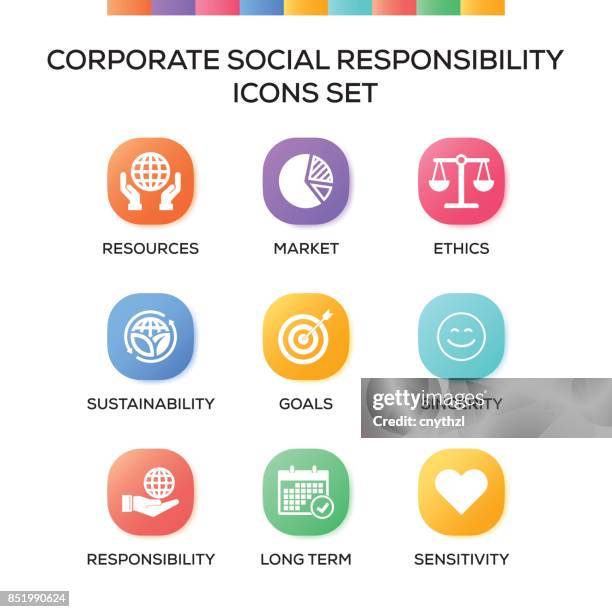 ilustrações de stock, clip art, desenhos animados e ícones de corporate social responsibility icons set on gradient background - social impact