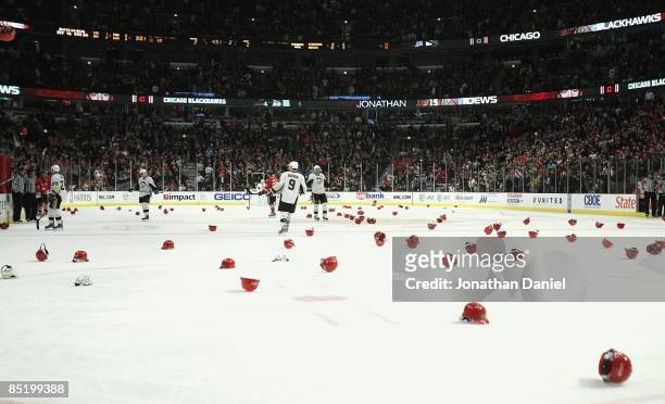 Hats litter the ice after an apparent hat trick by Jonathan Toews of the Chicago Blackhawks of the Pittsburgh Penguins on February 27, 2009 at the...