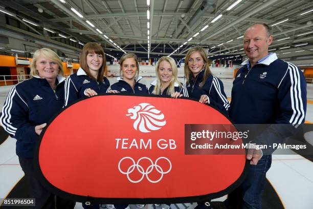 Curlers Claire Hamilton, Vicki Adams, Anna Sloan and Eve Muirhead with coach Rhona Howie and Chef de Mission Mike Hay on the ice after being named in...