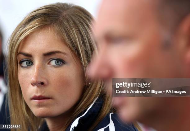 Curler Eve Muirhead with Chef de Mission Mike Hay after being named in the winter Olympic team for Sochi after during a press conference at the...