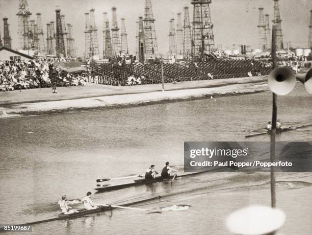 The British team near the finish during the final of the two-oar shell without coxswain race at Long Beach, California, 12th August 1932. New Zealand...