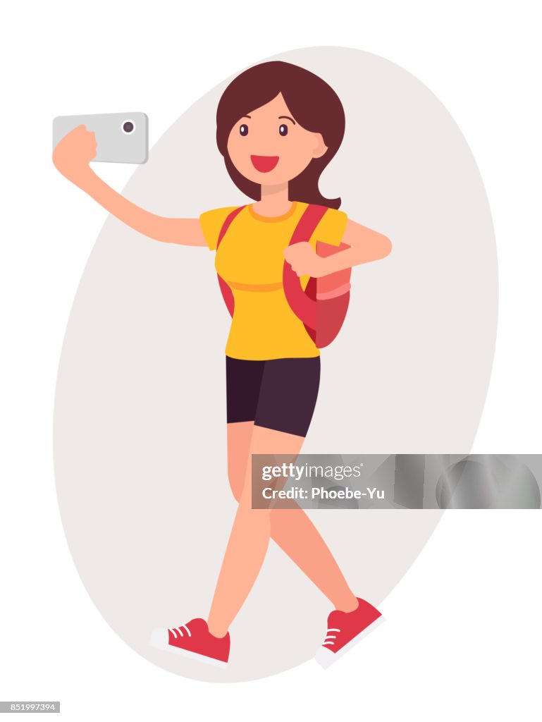 Diseño De Personajes De Dibujos Animados Mujer Tomar Selfie Con Teléfono  Inteligente Ilustración de stock - Getty Images