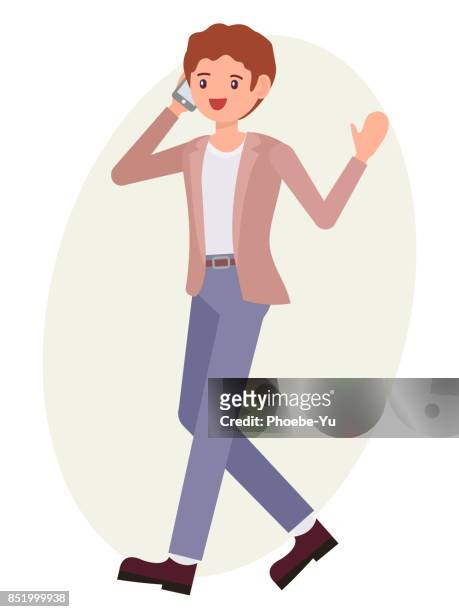  Dibujos Animados Carácter Diseño Masculino Hombre Caminando Habla Por Teléfono Alegremente Ilustración de stock