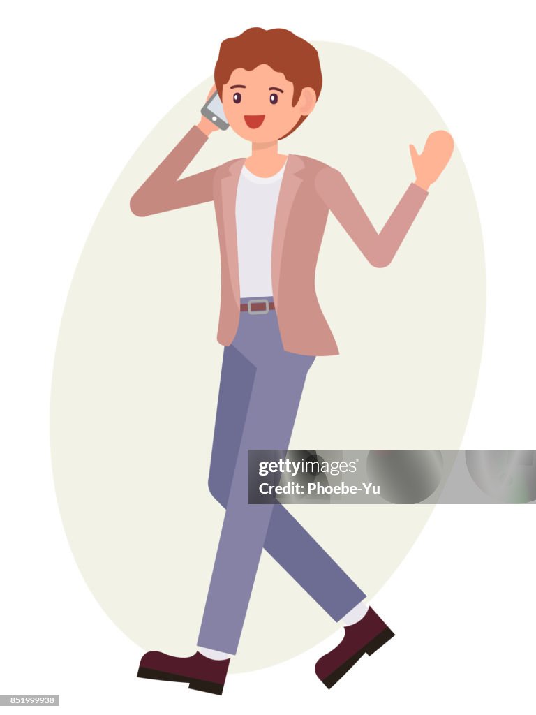 Cartoon Character Design Male Man Walking Talk On The Phone Cheerfully  High-Res Vector Graphic - Getty Images
