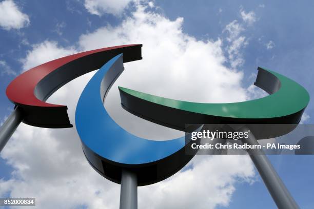 The giant Agitos following it's unveiling at the entrance to Stoke Mandeville hospital in Buckinghamshire.