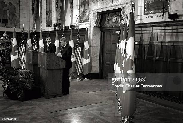 President Barack Obama and Canadian Prime Minister Stephen Harper speak during a joint press conference at Parliament Hill on February 19, 2009 in...