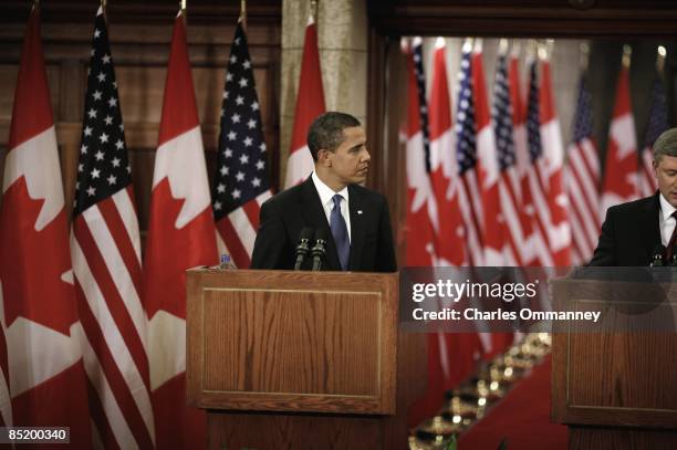 President Barack Obama and Canadian Prime Minister Stephen Harper speak during a joint press conference at Parliament Hill on February 19, 2009 in...