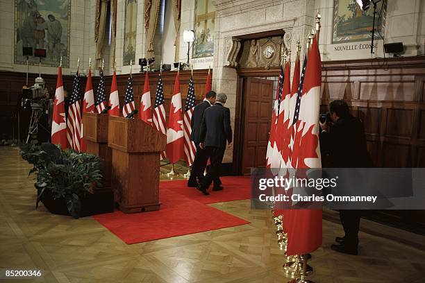 President Barack Obama and Canadian Prime Minister Stephen Harper speak during a joint press conference at Parliament Hill on February 19, 2009 in...