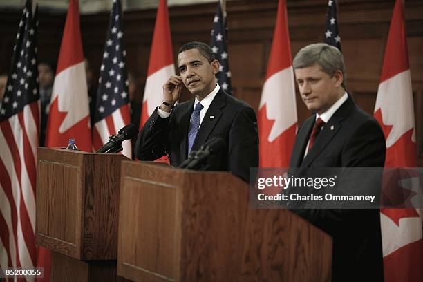 President Barack Obama and Canadian Prime Minister Stephen Harper speak during a joint press conference at Parliament Hill on February 19, 2009 in...