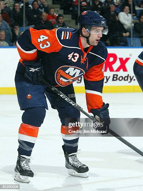 Andrew MacDonald of the New York Islanders skates against the Colorado Avalanche on March 2, 2009 at Nassau Coliseum in Uniondale, New York. The...