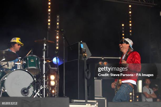 Alex James and Jamie Oliver join the Cuban Brothers on stage as they present day two of the Big Feastival at Alex James' farm in Kingham, Oxfordshire.