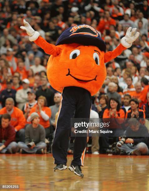 Otto the Orange pumps up the crowd during the game between the Syracuse Orange and the Cincinnati Bearcats on March 1, 2009 at the Carrier Dome in...