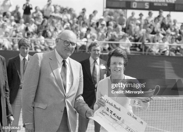 Edgbaston Cup, at the Edgbaston Priory Club in Birmingham, England, 6th to 12th June 1983, our picture shows, Billie Jean King after winning Women's...
