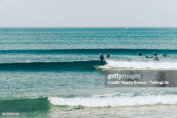 surfers on the ocean riding waves - bells beach stock-fotos und bilder