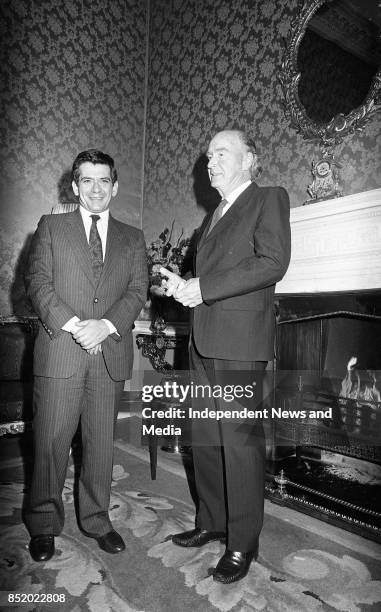 President Patrick Hillery pictured with the President of the European Parliament Enrique Baron Crespo during a visit to Aras an Uachtarain, circa...