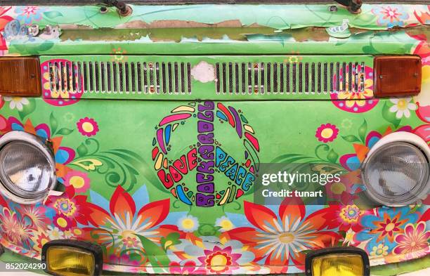 front view of a hippie mini van - vw van stock pictures, royalty-free photos & images