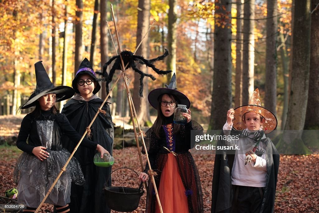 Young wizards and witches portrait in the forest.