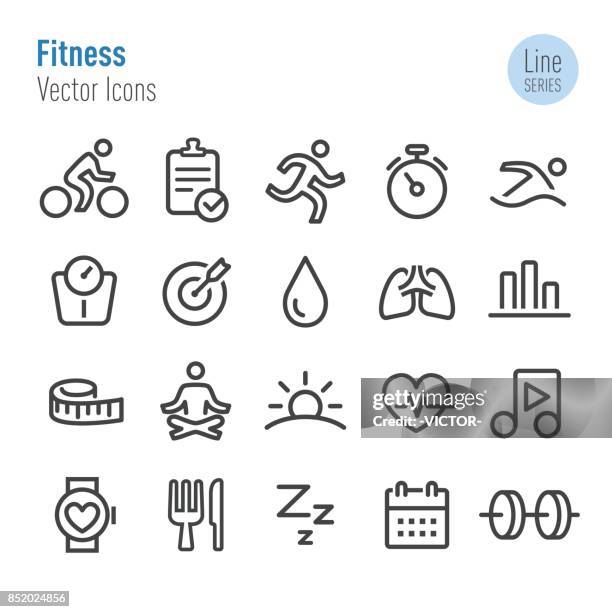 ilustraciones, imágenes clip art, dibujos animados e iconos de stock de gimnasio iconos - vector línea serie - tracker-icon-vector
