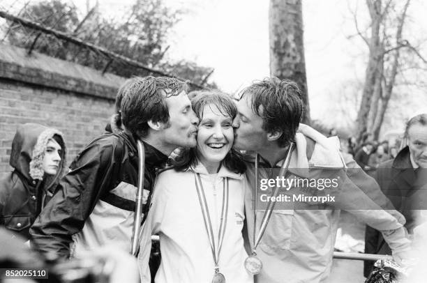 London Marathon 1981, Sponsored by Gillette, Sunday 29th March 1981, two men and a girl, the joint winners, Dick Beardsley and Inge Simonson kiss the...