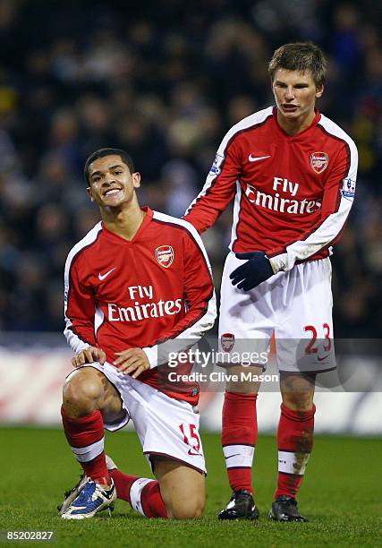 Denilson and AndreiArshavin of Arsenal look on during the Barclays Premier League match between West Bromwich Albion and Arsenal at The Hawthorns on...