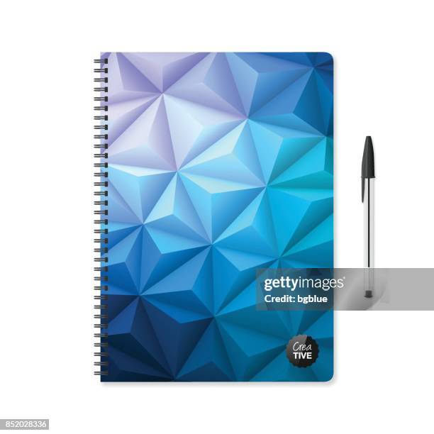 ilustrações de stock, clip art, desenhos animados e ícones de notepad template with abstract geometric background and ballpoint pen - bloco espiral