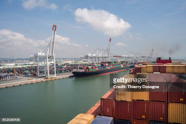 container ship - le havre stockfoto's en -beelden