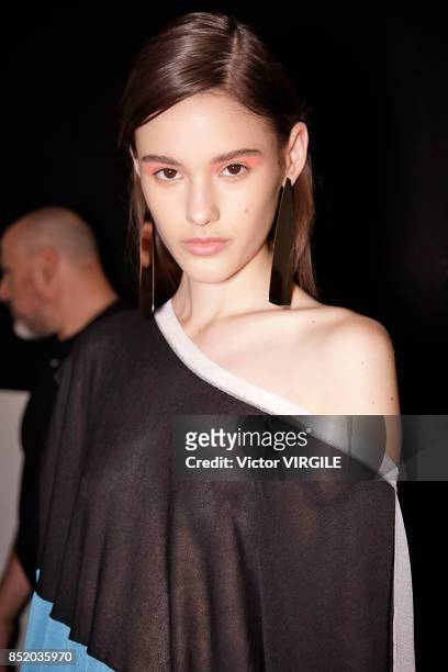Model backstage at the Anteprima Ready to Wear Spring Summer 2018 fashion show during Milan Fashion Week Spring/Summer 2018 on September 21, 2017 in...