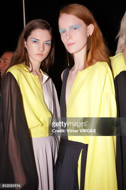 Model backstage at the Anteprima Ready to Wear Spring Summer 2018 fashion show during Milan Fashion Week Spring/Summer 2018 on September 21, 2017 in...