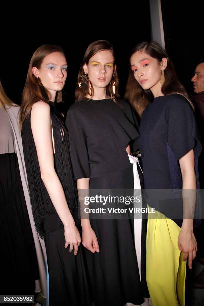 Model backstage at the Anteprima Ready to Wear Spring Summer 2018 fashion show during Milan Fashion Week Spring/Summer 2018 on September 21, 2017 in...