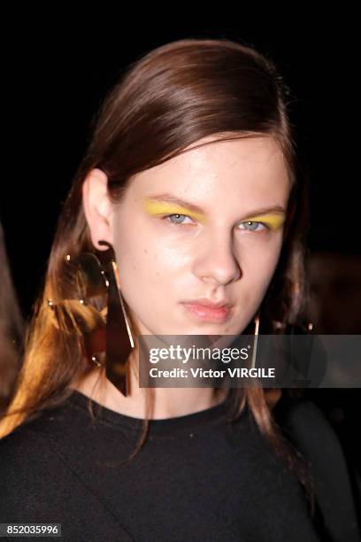 Model backstage at the Anteprima Ready to Wear Spring Summer 2018 fashion show during Milan Fashion Week Spring/Summer 2018 on September 21, 2017 in...