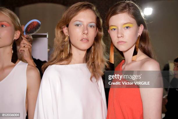 Model backstage at the Anteprima Ready to Wear Spring Summer 2018 fashion show during Milan Fashion Week Spring/Summer 2018 on September 21, 2017 in...