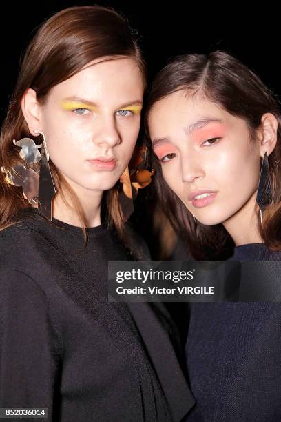 Model backstage at the Anteprima Ready to Wear Spring Summer 2018 fashion show during Milan Fashion Week Spring/Summer 2018 on September 21, 2017 in...