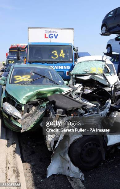 General view of the scene on the London bound carriageway of the Sheppey Bridge Crossing near Sheerness in Kent following a pile-up involving more...