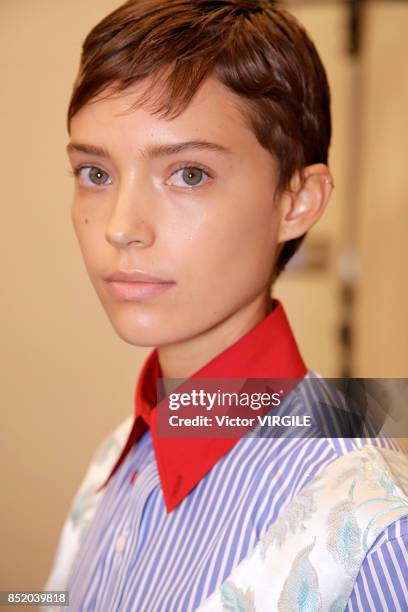 Model backstage at the Prada Ready to Wear Spring/Summer 2018 fashion show during Milan Fashion Week Spring/Summer 2018 on September 21, 2017 in...