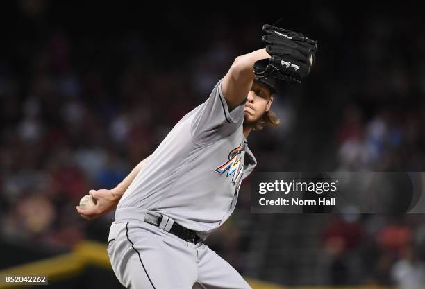 Adam Conley of the Miami Marlins delivers a first inning pitch against the Arizona Diamondbacks at Chase Field on September 22, 2017 in Phoenix,...