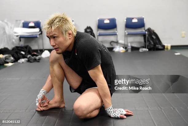 Takanori Gomi of Japan warms up backstage during the UFC Fight Night event inside the Saitama Super Arena on September 22, 2017 in Saitama, Japan.