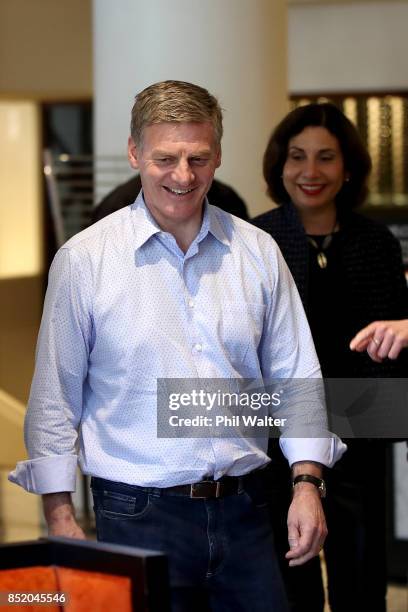 Prime Minister Bill English arrives to speak to the media alongside his wife Mary English at the Pullman Hotel on September 23, 2017 in Auckland, New...