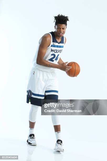 Justin Patton of the Minnesota Timberwolves poses for portraits during the 2017 Media Day on September 22, 2017 at the Minnesota Timberwolves and...