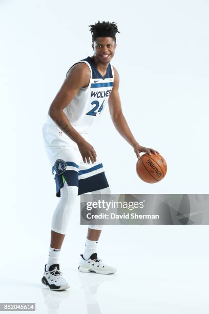 Justin Patton of the Minnesota Timberwolves poses for portraits during the 2017 Media Day on September 22, 2017 at the Minnesota Timberwolves and...