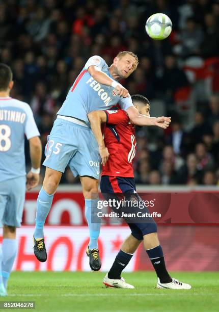 Kamil Glik of Monaco, Yassine Benzia of Lille during the French Ligue 1 match between Lille OSC and AS Monaco at Stade Pierre Mauroy on September 22,...