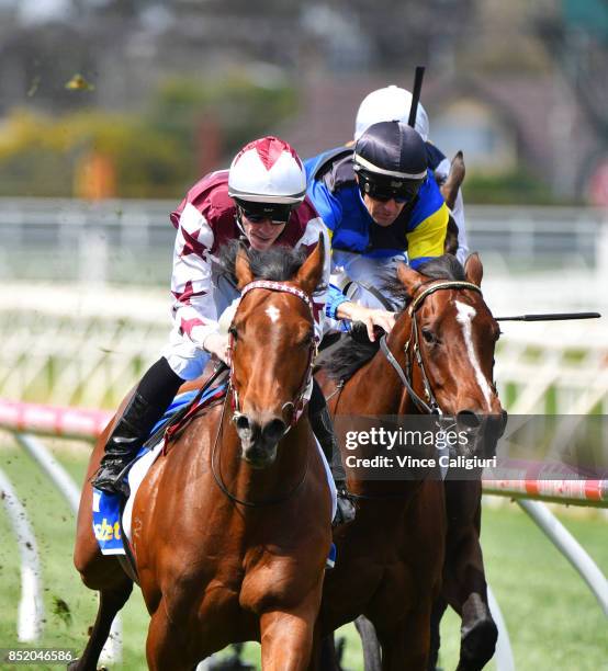 John Allen riding Cliff's Edge defeats Dwayne Dunn riding Sunquest in Race 2 during Melbourne Racing at Caulfield Racecourse on September 23, 2017 in...