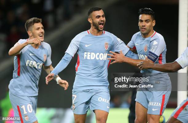 Rachid Ghezzal of Monaco celebrates his goal with Stevan Jovetic, Radamel Falcao during the French Ligue 1 match between Lille OSC and AS Monaco at...