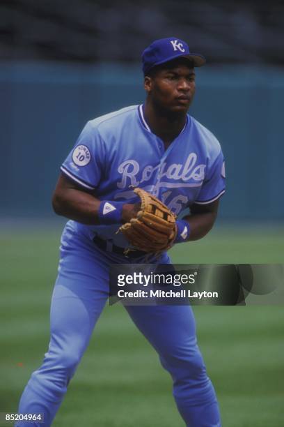 Bo Jackson of the Kansas City Royals before a baseball game against the Baltimore Orioles on August 1, 1987 at Memorial Stadium in Baltimore,...