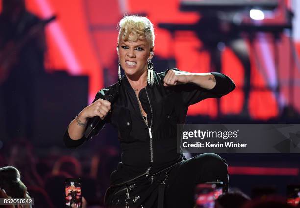 Pink performs onstage during the 2017 iHeartRadio Music Festival at T-Mobile Arena on September 22, 2017 in Las Vegas, Nevada.
