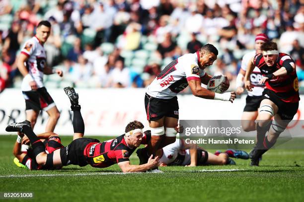 Murphy Taramai of North Harbour charges forward during the round six Mitre 10 Cup match between North Harbour and Canterbury at QBE Stadium on...