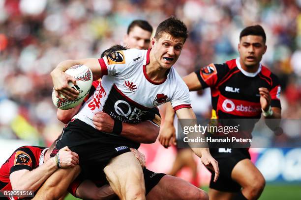 Matt Duffie of North Harbour charges forward during the round six Mitre 10 Cup match between North Harbour and Canterbury at QBE Stadium on September...