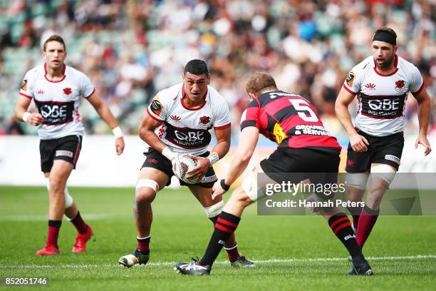 Murphy Taramai of North Harbour charges forward during the round six Mitre 10 Cup match between North Harbour and Canterbury at QBE Stadium on...