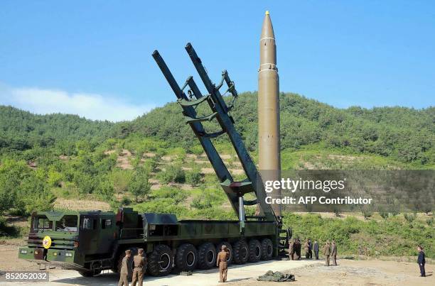 This photo released by North Korea's official Korean Central News Agency on July 6, 2017 shows North Korean ICBM which was launched on July 4, 2017....